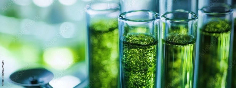 Scientific investigation of plants: Test tubes with green substance in laboratory Scientific investigation of plants: Test tubes with green substance in laboratory