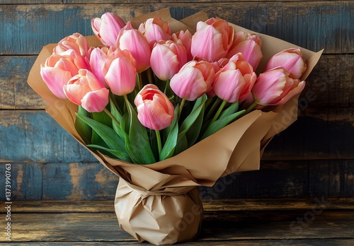 Beautiful Bouquet of Pink and White Roses Arranged in a Glass Vase on a Marbl...