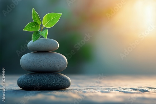 Stacked Stones With Green Leaves in a Serene Indoor Setting for Relaxation and Mindfulness