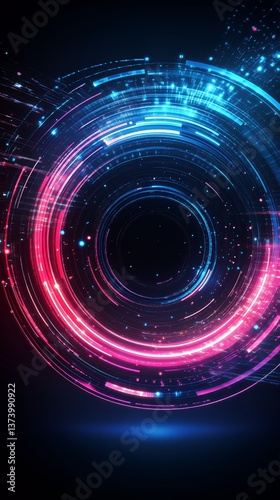 Vibrant Circular Light Patterns and Glowing Lines Create a Digital Atmosphere...