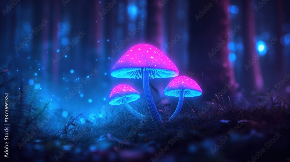 Fototapeta premium Glowing Fantasy Mushrooms in Enchanted Forest with Vibrant Blue and Pink Lights Creating a Mystical and Dreamlike Atmosphere for Nature Lovers