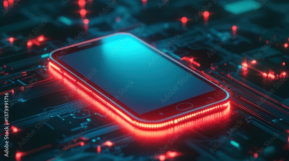 Futuristic smartphone surrounded by glowing circuit board elements in a vibrant blue and red cybernetic environment for tech and innovation concepts Futuristic smartphone surrounded by glowing circuit board elements in a vibrant blue and red cybernetic environment for tech and innovation concepts