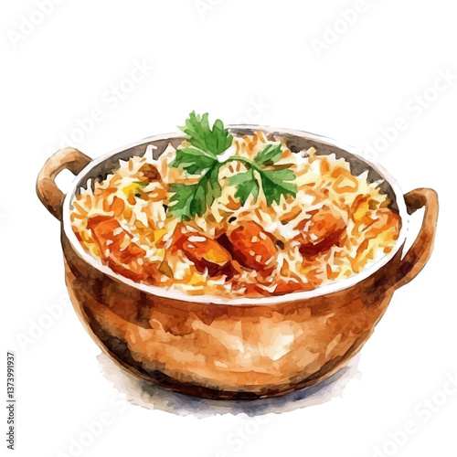 A watercolor vector of biryani, isolated on a white background. Biryani vector.

