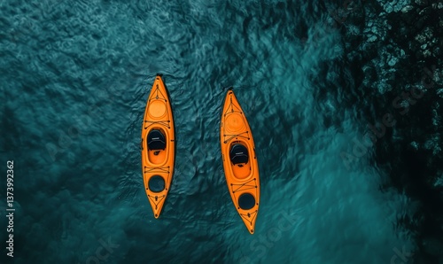 Bright Orange Kayaks Glide Across Calm Blue Waters Near Lush Greenery at Midday