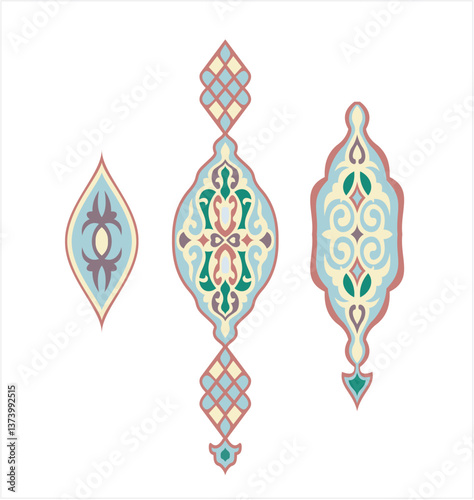 Elegant Islamic ornament with geometric and floral motifs in pastel colors. Symmetric design inspired by Middle Eastern art. Perfect for invitations, backgrounds, and decorative elem