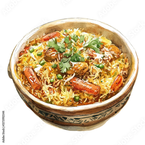A watercolor vector of biryani, isolated on a white background. Biryani vector.

