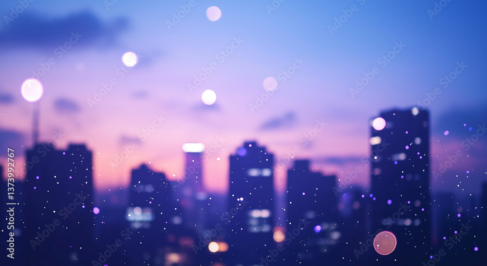 Naklejka premium Silhueta serena de uma paisagem urbana com arranha-céus iluminados contra um céu estrelado, exibindo uma elegante paleta de cores de azuis e roxos na fotografia macro