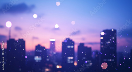 Silhueta serena de uma paisagem urbana com arranha-céus iluminados contra um céu estrelado, exibindo uma elegante paleta de cores de azuis e roxos na fotografia macro photo