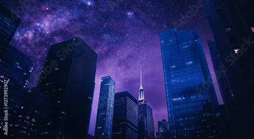 Silhueta serena de uma paisagem urbana com arranha-céus iluminados contra um céu estrelado, exibindo uma elegante paleta de cores de azuis e roxos na fotografia macro photo