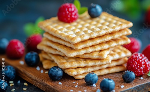 Deliciously Stacked Crackers Topped With Fresh Berries and Mint on a Wooden B...