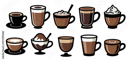 A collection of coffee cups with different flavors and toppings. The cups include Espresso, Americano, Cappuccino, Flat White, Mocha, and Irish Coffee