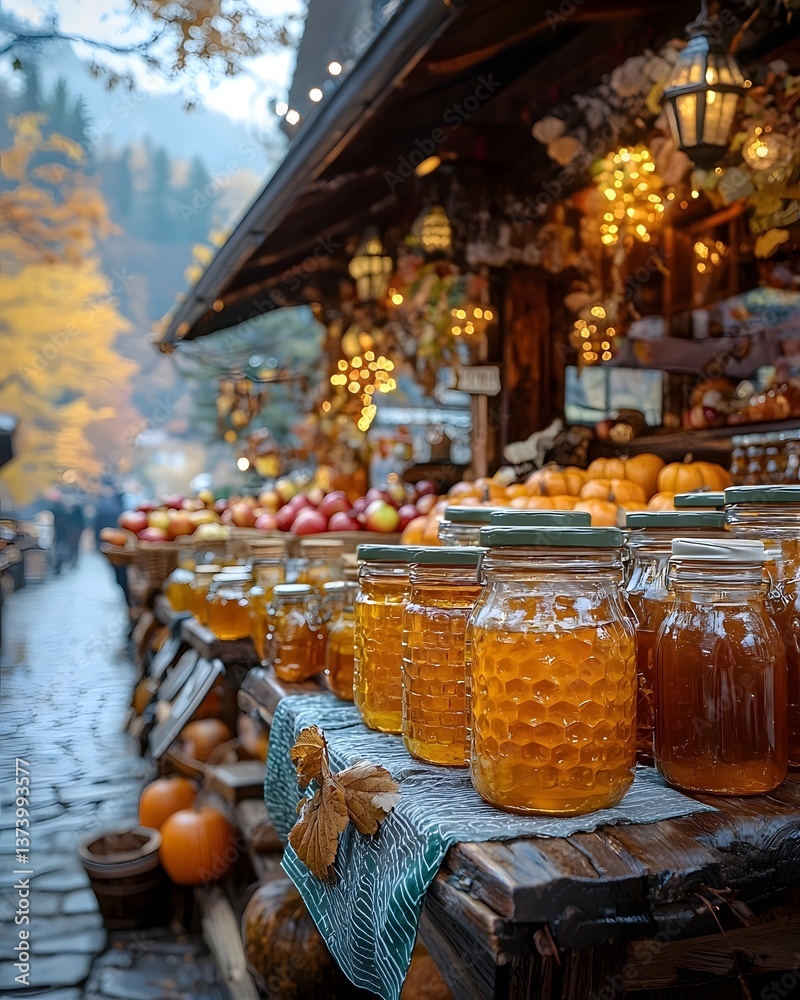 Cozy autumn market stall selling seasonal produce and handmade crafts