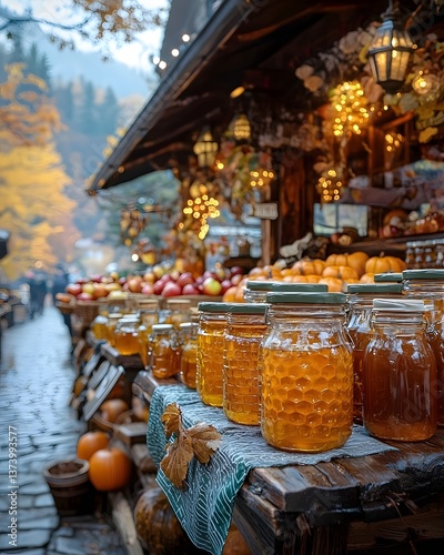 Obraz na płótnie Cozy autumn market stall selling seasonal produce and handmade crafts w salonie