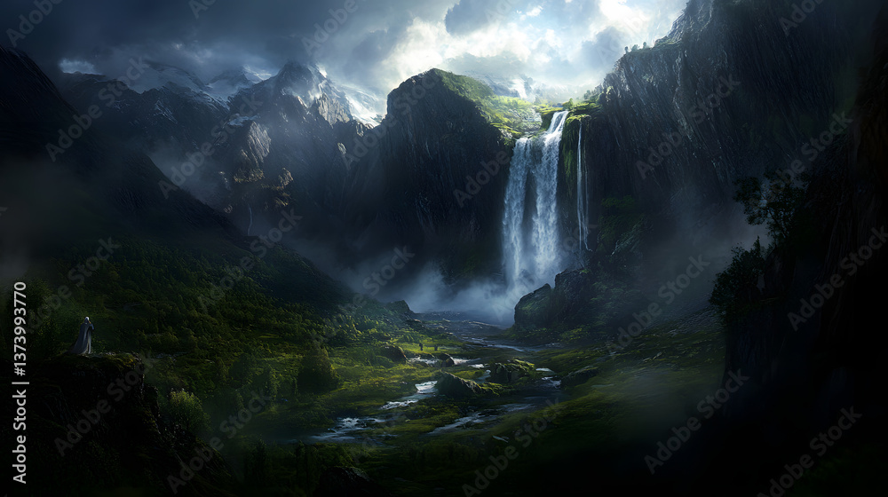Fototapeta premium A cascading waterfall in a remote mountain landscape, surrounded by rugged cliffs and green meadows under the bright summer sky.