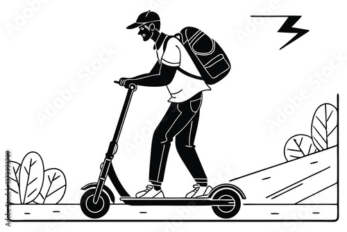 Silhouette worker pushing a cart alongside a scooter
