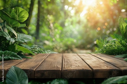 Natural Forest Background With Wooden Table and Lush Green Foliage in Soft Mo...