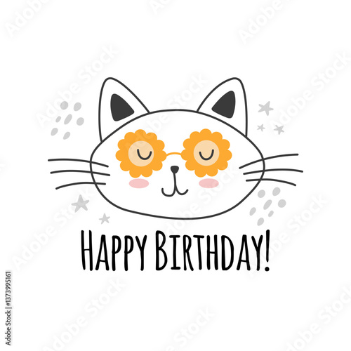 Cute cats in sunglasses with Happy Birthday words. Characters, stickers, t-shirt designs.