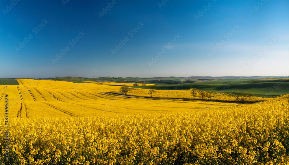 Fototapeta premium Beautiful yellow fields with rapeseed flowers on a hot summer day with clear blue sky
