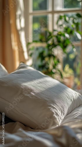 Cozy Bedroom With Soft Pillows and Gentle Sunlight Streaming Through the Curt...