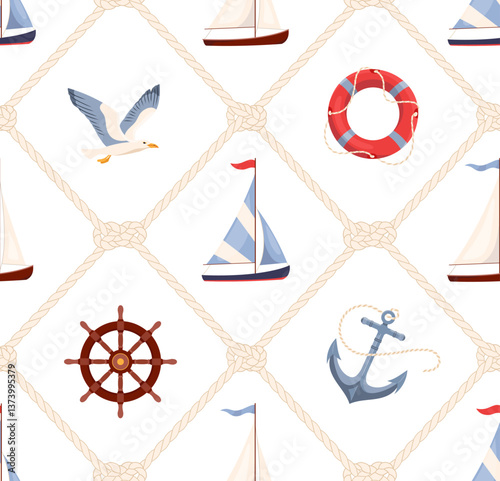 Summer seamless pattern with ropes and sea knots Nautical repeat background with sailboat, anchor and seagull Marine endless design for print, fabric, textile, wrapping paper. Flat vector illustration