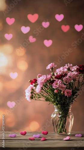 Beautiful Bouquet of Flowers With Heart Shapes in the Background for a Romant...