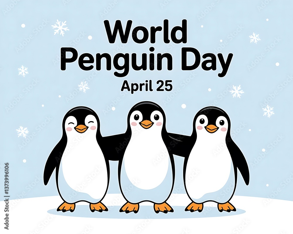 Fototapeta premium Three adorable penguins celebrate World Penguin Day on April 25.