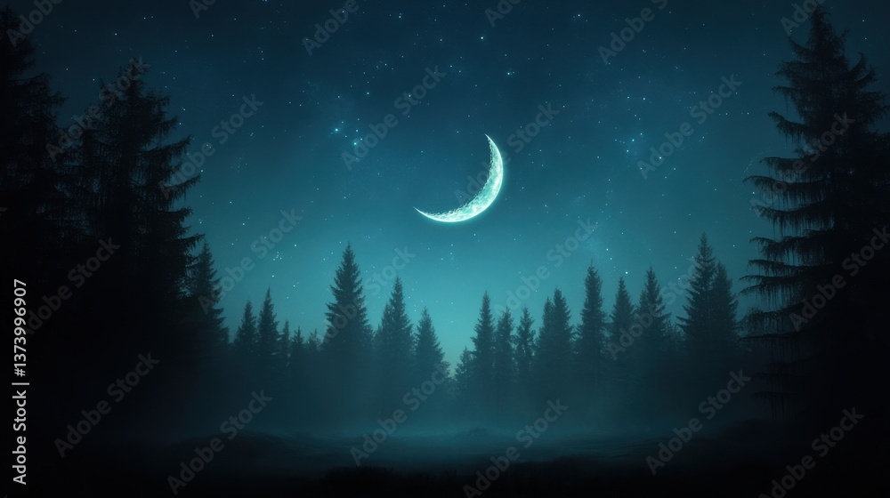 Serene Night Sky with Crescent Moon Illuminating Mystical Forest Under Starry Sky Perfect for Nature and Tranquility Themes Serene Night Sky with Crescent Moon Illuminating Mystical Forest Under Starry Sky Perfect for Nature and Tranquility Themes