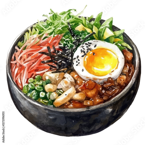 A watercolor vector of bibimbap, isolated on a white background. Bibimbap vector.

