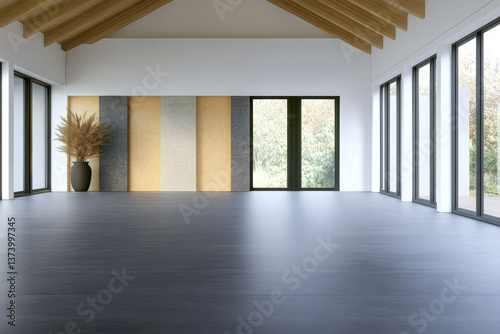 Modern interior space with large windows and minimalist design in natural light