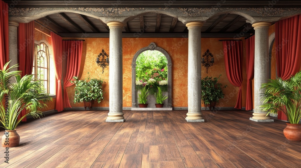 Fototapeta premium A traditional flamenco dance studio with red drapes, wooden floors, and a dramatic Spanish ambiance.