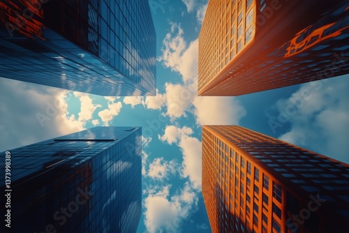 Modern Skyscrapers Reflect Clouds in the Vibrant Sky Over a Bustling Urban Area
