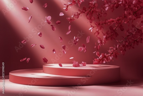 Elegant Display of Pink Petals Falling on a Round Stage With Soft Light in a ...
