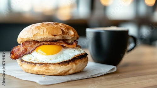 A delectable breakfast sandwich with a golden egg and bacon paired with a hot cup of coffee, all presented on a rustic wooden table, embodying a cozy morning vibe.