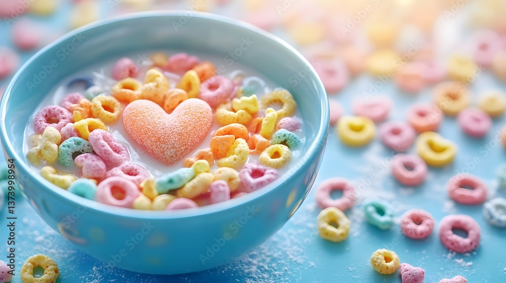 Blue bowl with colorful cereal in milk and a heart-shaped marshmallow in the center, on a vibrant blue background. Blue bowl with colorful cereal in milk and a heart-shaped marshmallow in the center, on a vibrant blue background.