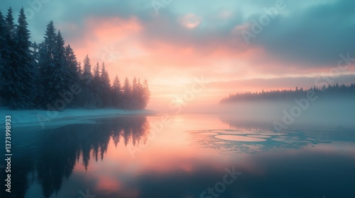 Serene winter landscape with snow-covered trees reflecting in calm, misty lake during a vibrant, colorful sunset in tranquil nature setting