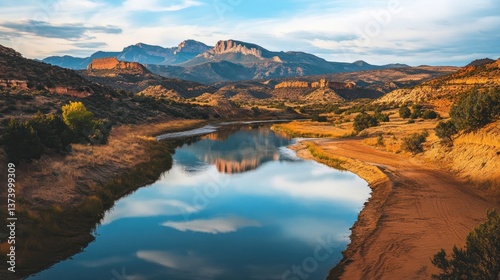 River reflection, autumn mountains, sunset, scenic landscape, travel