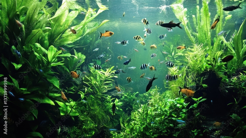 Fototapeta premium Underwater aquarium scene fish swimming amidst lush plants