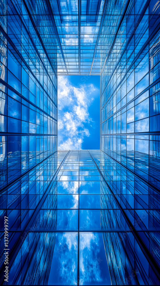 Obraz premium Skyscraper Perspective: Modern Building Windows Reflecting Blue Sky, Serene Urban Architectural Achievement