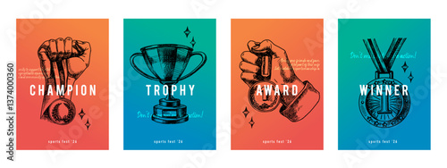 Vector sports sketch poster set with trophy, award, cup and medal. Hand drawn illustrations