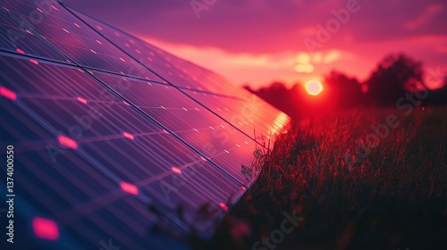 Solar panels in a field capturing energy during a brilliant red sunset showcasing renewable energy and environmental sustainability concept