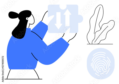 Woman analyzing puzzle piece with arrows, abstract fingerprint, and plant symbolizing innovation, security, and growth. Ideal for problem-solving, creativity, teamwork, leadership strategy personal