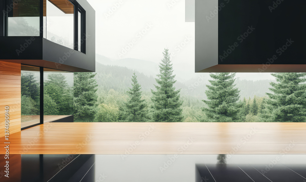 Fototapeta premium Modern architecture blends with nature in a serene mountain landscape