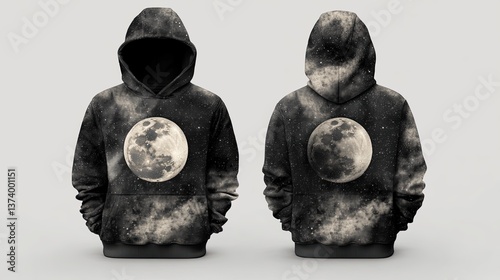Steel gray male hoodie, front and back view, haunted cosmos theme, front has a spectral moon, back showcases a ghostly starry sky with misty constellations, white background