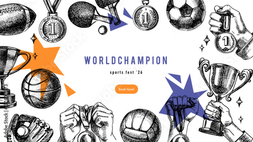 Frame with sport trophies, medals, and game balls hand drawn in vintage sketch style. Celebration of athletic victory, motivation, and team spirit. Vector illustration. Not AI generation