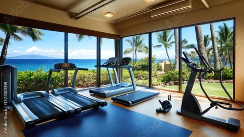 Oceanfront gym treadmills workout tropical view