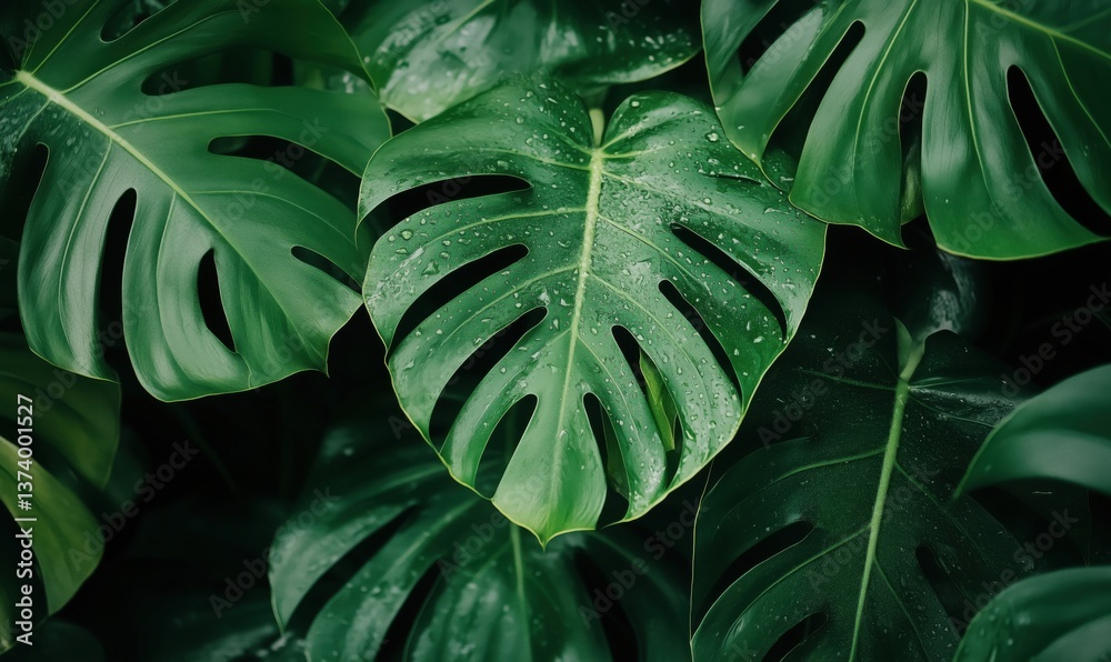 Fototapeta premium Monstera leaves with water droplets showcasing lush green foliage and tropical vibes