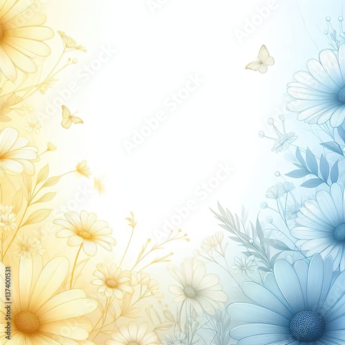 Delicate yellow blue floral background. empty space in the middle. Mesh gradient daisies for design.
