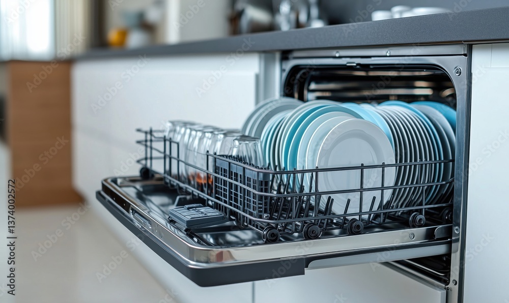 Modern kitchen with open dishwasher filled with clean plates and glasses Modern kitchen with open dishwasher filled with clean plates and glasses