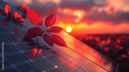 Solar panels with red leaves at sunrise, symbolizing renewable energy and nature integration in sustainable technology and clean power solutions
