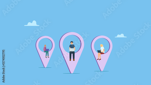 Freelance worker, People, man and woman working on map location pin using laptop. Digital nomad, freedom to work anywhere.